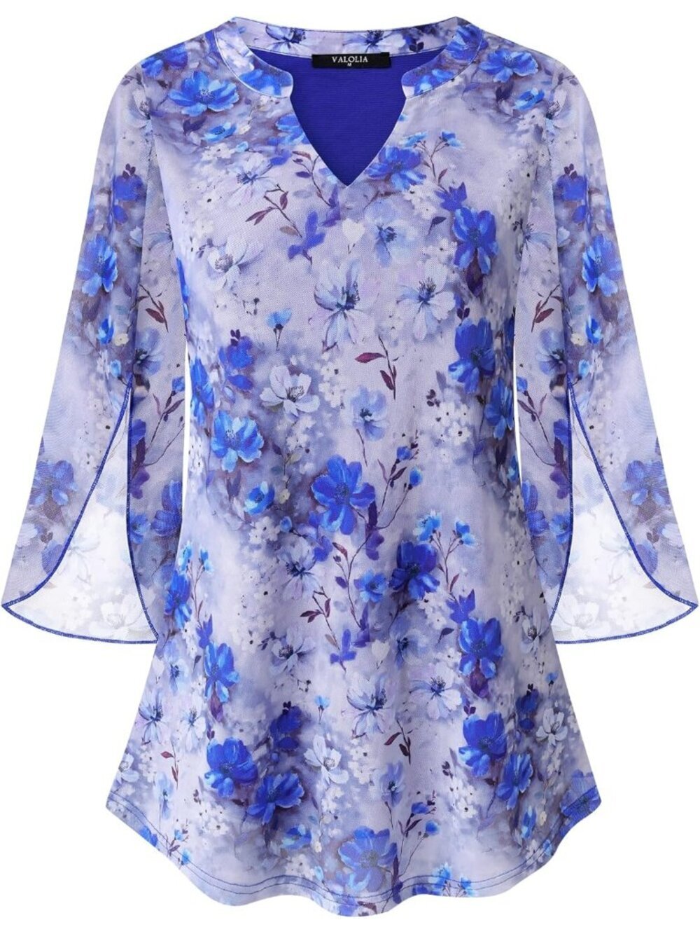 VALOLIA Women's Tops Blue 3/4 Sleeve Floral V Neck Double Layers Mesh Blouses